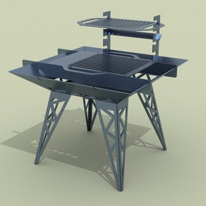 May include: A black metal outdoor grill with a square cooking surface and a raised shelf. The grill has a geometric design on the legs.