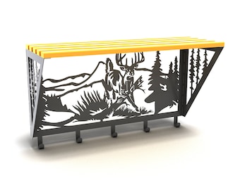 May include: A black metal coat rack with a deer silhouette and a yellow wooden shelf. The rack has five hooks and a mountain scene design.