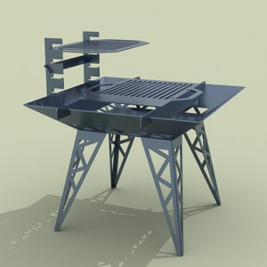 May include: A blue metal outdoor grill with a raised shelf and a grill grate. The grill has a triangular base with a geometric design.