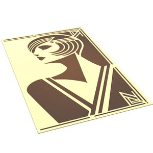 May include: A brown and cream colored art print featuring a stylized geometric design of a woman with a bob haircut. The print has a vintage art deco style.