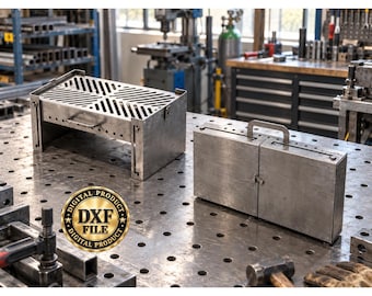 May include: A metallic portable grill with a slatted top and a matching folded carrying case featuring a handle and latch. A circular gold emblem with the text DXF FILE DIGITAL PRODUCT is visible in the lower left corner of the image.