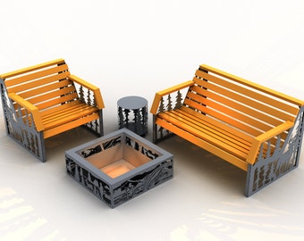 May include: A set of outdoor furniture featuring a fire pit, two benches, and a small table. The benches and table are made of metal with a wood-effect finish. The fire pit is made of metal and has a square shape.