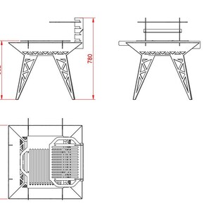 May include: A black metal table with a rectangular top and three legs on each side. The table is 198 cm tall, 142 cm wide, and 178 cm deep.