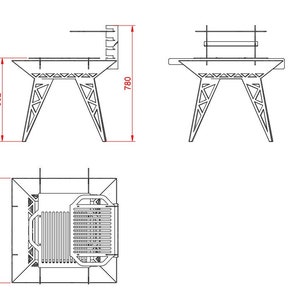 May include: A black metal table with a rectangular top and three legs on each side. The table is 198 cm tall and 142 cm wide. The table has a shelf underneath the top.