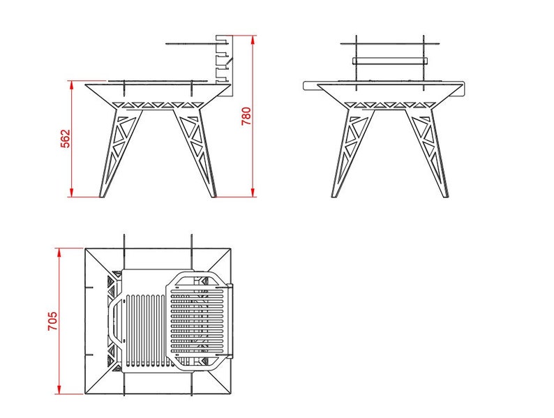 May include: A black metal table with a rectangular top and three legs on each side. The table is 198 cm tall and 142 cm wide. The table has a shelf underneath the top.