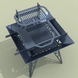 May include: A black metal fire pit with two grilling grates. The fire pit has a square base and four legs. The grates are made of metal and have a rectangular shape.