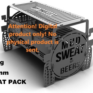 May include: A digital download of a 3mm thick steel fire pit design. The fire pit is shaped like a jeep with the words "Mud Sweat & Beers" on the side. The design is for a 10g fire pit and comes as a flat pack.