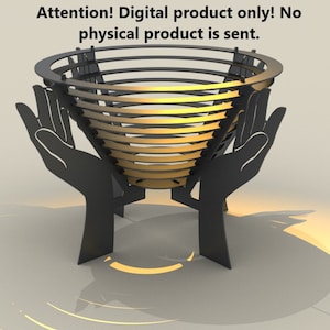 May include: A black metal sculpture of two hands holding a golden bowl. The bowl is made of a series of concentric rings.