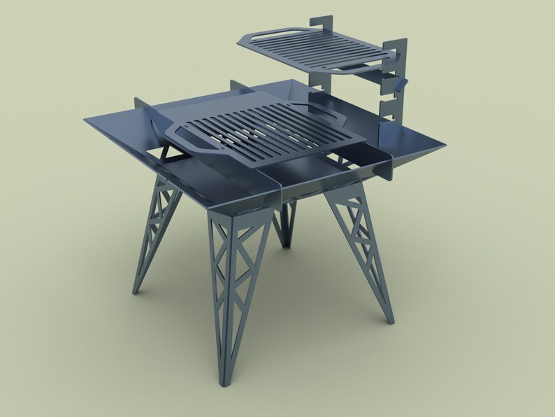 May include: A black metal outdoor grill with a square cooking surface and a smaller, raised shelf. The grill has a geometric, triangular design on the legs.