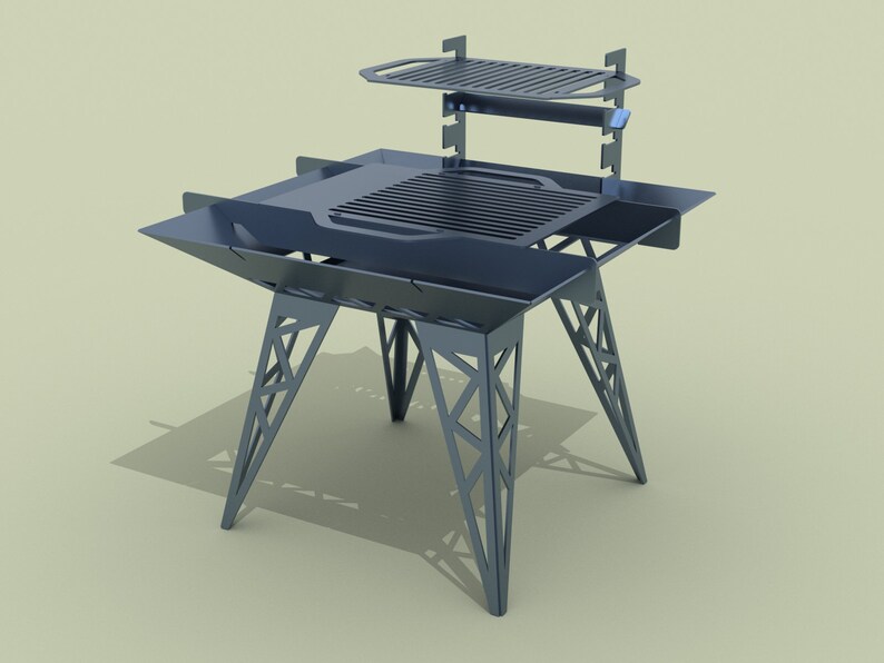 May include: A black metal outdoor grill with a square cooking surface and a smaller top shelf. The grill has a geometric, triangular base.