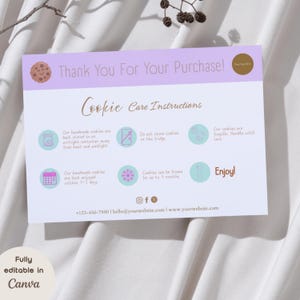 Cookie Care Card druckbare Anleitung Canva-Vorlage Cookie-Auftrags-Branding-Kit-Bäckereivorlagen Beilagepackung Pflegeanleitung und Anleitung