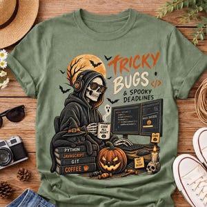 Può includere: Una t-shirt verde oliva con la grafica di uno scheletro con cuffie e occhiali, seduto al computer con un gatto. Il testo recita TRICKY BUGS & SPOOKY DEADLINES, con codice sullo schermo, una zucca e una tazza con la scritta CODE ALL NIGHT.