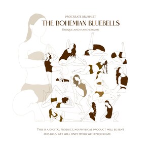 May include: Digital Procreate brushset titled "The Bohemian Bluebells." The image features multiple line drawings of figures in yoga poses, in shades of brown and tan, against a white background. Text includes "Unique and Hand Drawn."