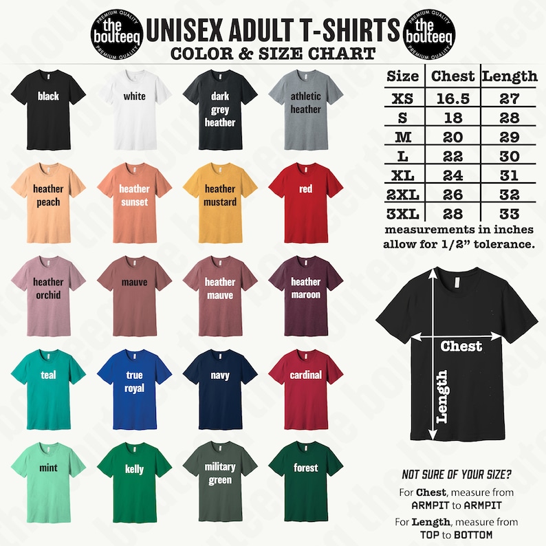 以下が含まれることがあります： ユニセックス大人用Tシャツの色とサイズチャート。黒、白、赤など様々な色が表示され、サイズはXSから3XLまで。胸囲と着丈の寸法がインチで表示されています。