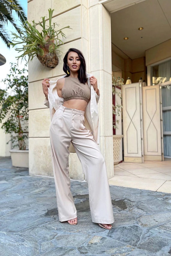 High-waisted Beige Pants jenna A Pants Suit Tall Women's Pants Dress Pants  Women High Waisted Trendy Pants -  Australia