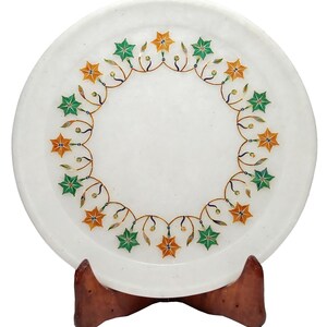 Qadri Handicrafts Marble inlay plate with Free Hand design perfect for Home, office and Gifts. ( Size - 10 x 10 inch Round )