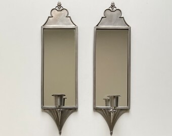 JUST ANDERSEN - A pair of extremely rare Danish Antique Art Deco pewter wall candle sconces with mirror.