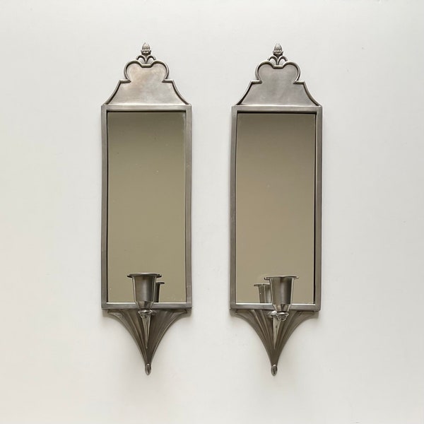 JUST ANDERSEN - A pair of extremely rare Danish Antique Art Deco pewter wall candle sconces with mirror.