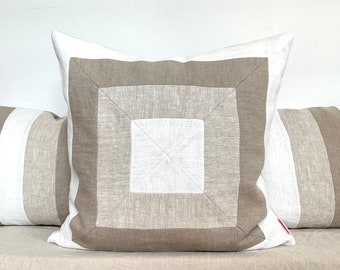 Danish designed and handmade linen patchwork cushion. Size 50x50cm. – 19.55"x 19.55" Inches.