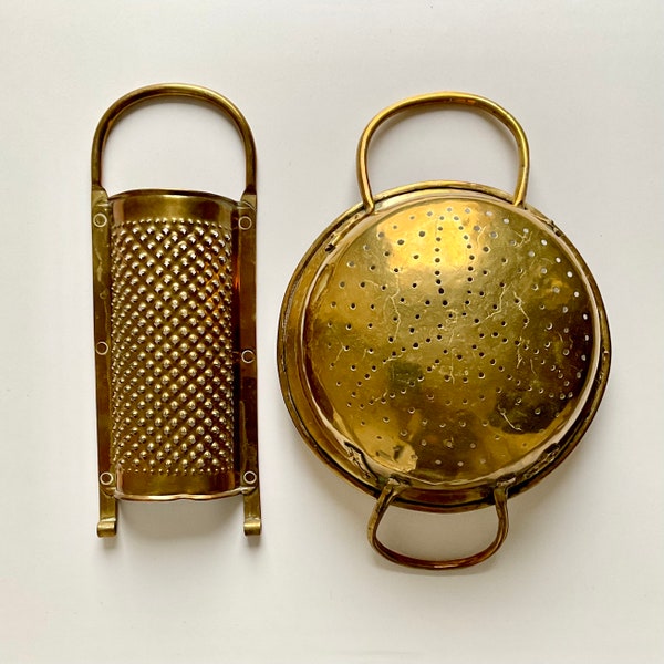 Set of Antique Danish hand forged colander/strainer and grater in solid  brass from approx. late 1800s