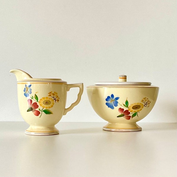 Rare ALUMINIA Faience -Set of Art Deco sugar bowl and creamer "Elisabeth", design by Thorkild Olsen,1930s.