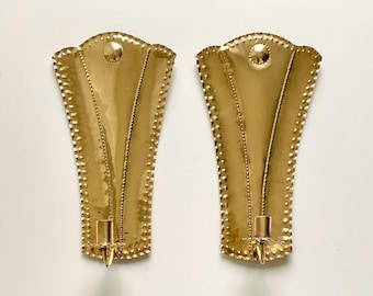 Pair of Wall Candle Sconces - Early 1900s Scandinavian Brass - Hand Hammered Art Deco