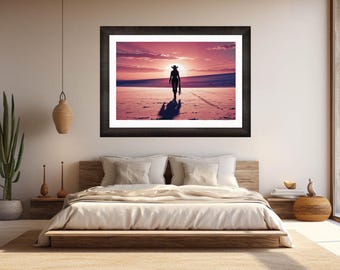 Lámina con diseño de vaquera al atardecer – Arte mural con silueta del Oeste (Descarga digital)