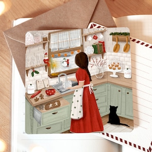 Postal de cocina navideña, tarjeta de felicitación, familia, cabaña, tarjetas navideñas, tarjetas festivas, tarjetas navideñas, impresión de bellas artes, tarjeta navideña