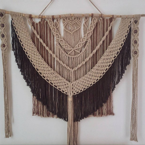 Macrame wall hanging, large macrame on twig, big boho wall decor, above bed handwoven tapestry, brown tone layered large wall hanging