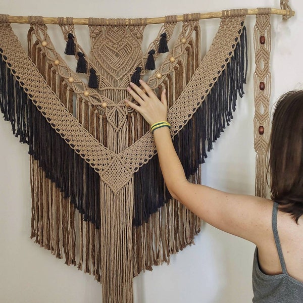 Large macrame wall hanging on twig, extra large macrame, giant boho wall decor, above bed bohemian tapestry, brown tone layered wall hanging