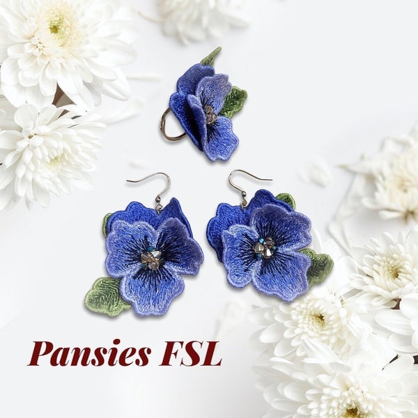 Pansies FSL machine embroidery designs Free standing lace embroidery pattern 3D flower embroidery motif Flower FSL embroidery Earrings FSL