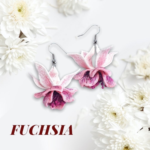 Fuchsia FSL machine embroidery designs Free standing lace embroidery pattern 3D flower embroidery motif Flower FSL embroidery Earrings FSL