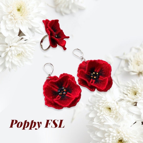 Poppy FSL machine embroidery designs Lace embroidery pattern 3D flower embroidery motif Flower FSL embroidery Earrings FSL