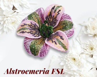 May include: A pink and green embroidered flower with yellow accents. The flower is called "Alstroemeria FSL".
