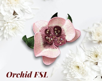 Broche de orquídea FSL diseños de bordado de máquina Patrón de bordado de encaje independiente 3Dmotivo de bordado de flores Flor FSLembroidery broochFSL