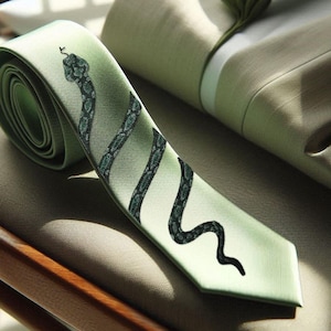 Puede incluir: Una corbata de seda verde con un diseño de serpiente negra. La corbata está doblada y colocada sobre una superficie verde claro.