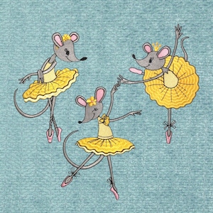 May include: Three embroidered mice dressed as ballerinas in yellow tutus with pink shoes. The mice are on a blue background.