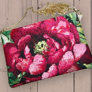 Peony photostitch Сlutch Bag en el diseño de bordado de la máquina de aro y tutorial sobre cómo hacer patrones de bordado de máquina In The Hoop Project