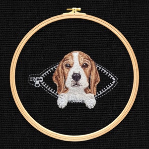 Beagle in a  zipper pocket  Miniature realistic machine embroidery design Pet design Dog realistic pattern Beagle embroidery pattern