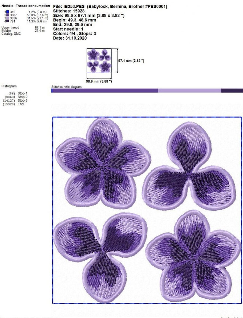 May include: Four purple flowers with a white background. The flowers are arranged in a square pattern. The image includes the file name, IB353.PES, and the dimensions of the design, 3.88 x 3.82 inches.