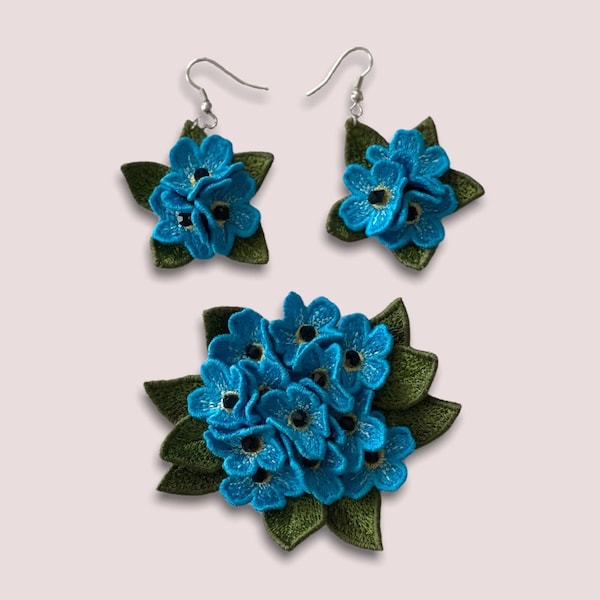 Conception de broderie machine Broche et boucles d’oreilles FSL Forget-me-nots ensemble pour la création de bijoux Motif de broderie numérique Motif fleur Floral