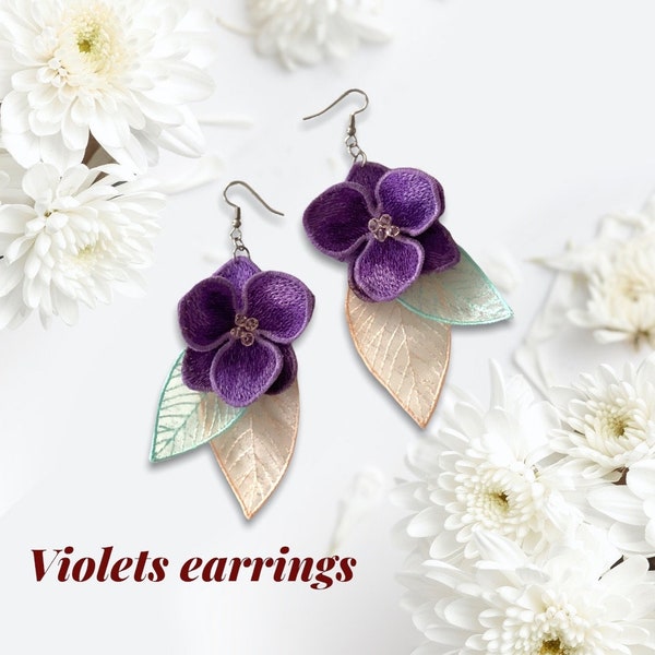 Machine embroidery design  violets earrings Digital embroidery pattern Flower motif 3D embroidery chart butterfly embroidery design
