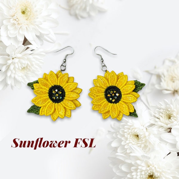 Sunflower earrings FSL Machine embroidery design Digital embroidery pattern Free standing lace flower file