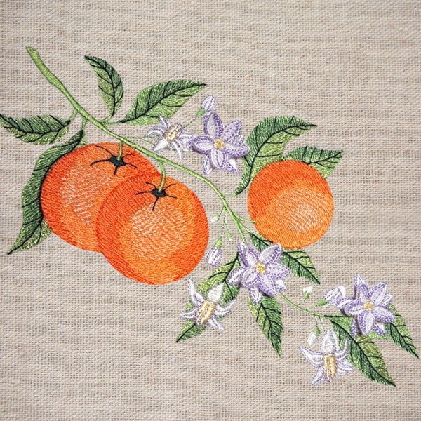 Tangerine branch with 3Dflowers machine embroidery design digital embroidery pattern floral embroidery motif flower embroidery clothing