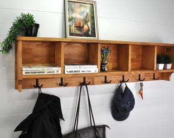 Perchero de entrada con cubículos, perchero con estante, perchero con almacenamiento, perchero rústico, organizador de entrada