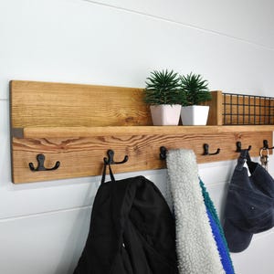 Solid Wood Entryway Organizer with Hooks and Shelf, Wall Mount Coat Rack, Mail Holder, Entryway Shelf
