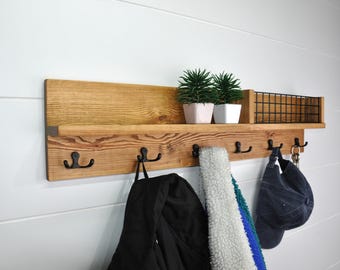 Solid Wood Entryway Organizer with Hooks and Shelf, Wall Mount Coat Rack, Mail Holder, Entryway Shelf