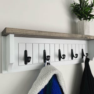Mudroom Wall Organizer, White Wall Mounted Shelf, Wooden Wall Shelf with Hooks, Home Entryway organizer