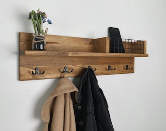 Rustic Wood Coat Rack with Shelf, Mudroom Wall Organizer with Hooks, Solid Wood Entryway Storage