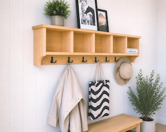 Mudroom Organizer with Storage Cubbies, Handmade Natural Wood Wall Mounted Coat Rack